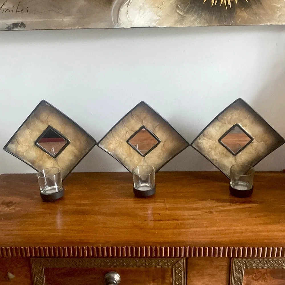 Vintage Pier 1 Slag Glass Diamond Tea Light Wall Mirror 25.5”.
